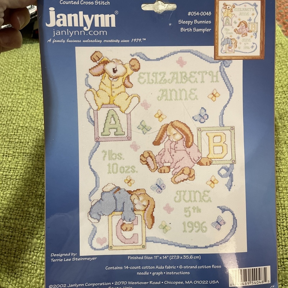 Janlynn Sleepy Bunnies Birth Sampler Counted Cross Stitch‎ Stamped NEW 054-0064